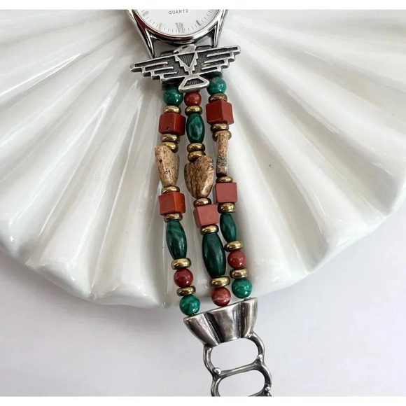 Thunderbird Beaded Silvermoon Vintage Sterling Adjustable Wristwatch 23mm Works! - Picture 2 of 10